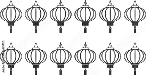 black and white illustration of multiple chinese lanterns in a row on white background