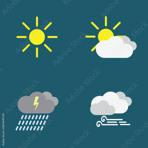 Weather Forecast Icon Set with Sun Clouds Rain Lightning and Wind Flat Vector Illustration for Meteorology