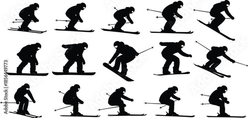 Skier silhouette action set, winter sports skiing poses, downhill freestyle jump movements, alpine snow activity illustration collection