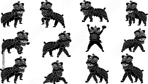 collection of lion dance silhouettes in various poses on white background