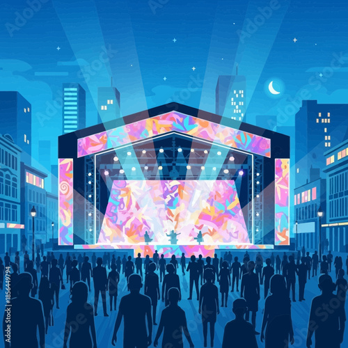 Crowd watches performers on a stage with colorful abstract designs and lights.