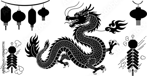 black chinese dragon silhouette with fireworks and lanterns for chinese new year celebration