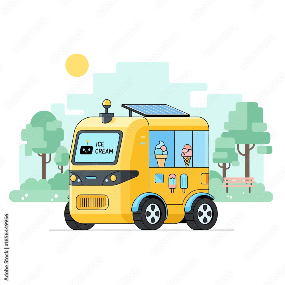 Fototapeta premium Yellow ice cream truck with robot icon and solar panel in park.