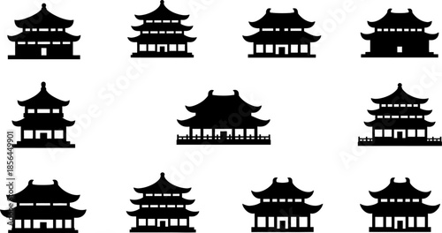 collection of chinese pagoda silhouettes on white background