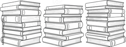 Stacked books illustration, hand drawn book pile line art, education knowledge concept, library reading study collection