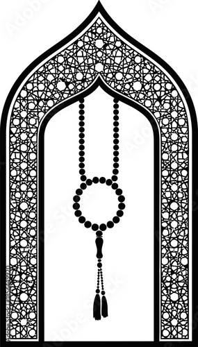 Islamic prayer beads in an ornate archway design element  traditional muslim rosary