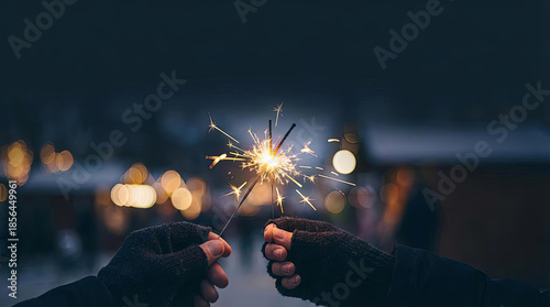Close-up of Hands in Gloves Holding Sparklers against Dark Night Bokeh Background for Holiday Celebration