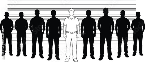 Stand out from crowd concept illustration, individual leadership uniqueness contrast, human silhouette lineup, difference and identity visual design