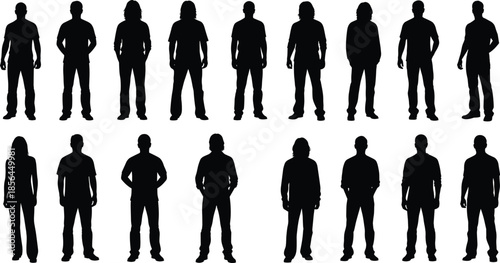 Standing male silhouettes collection, different body poses, casual people figures, full body men icons isolated on white background