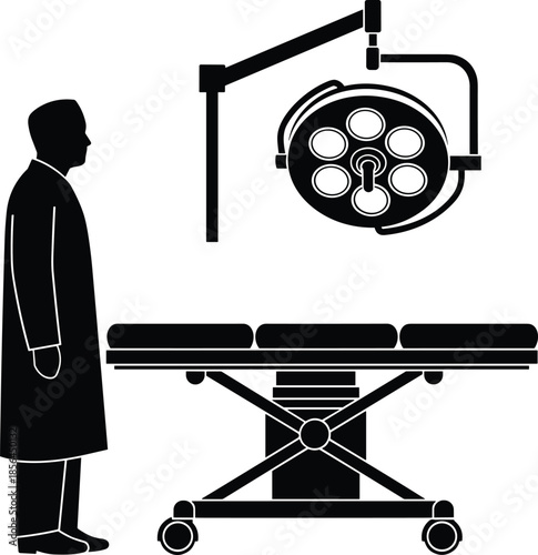Surgeon silhouette in operating room, medical operation table and surgical light, healthcare hospital procedure illustration isolated on white background