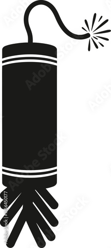 Black dynamite stick with burning fuse and explosion isolated on white background