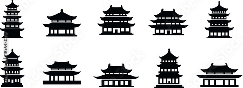 collection of various traditional Chinese pagoda silhouettes on white background