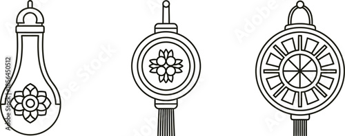 Three traditional Chinese lanterns with floral and sunburst designs hanging from tops