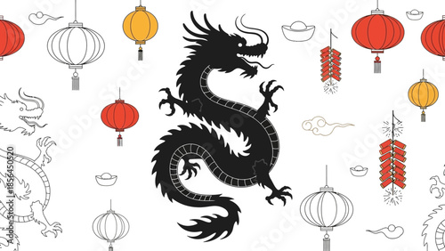 chinese dragon surrounded by lanterns and firecrackers on white background