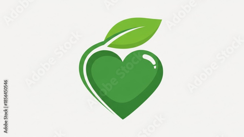 Green heart symbol with leaf on white background, representing love and nature, eco friendly concept