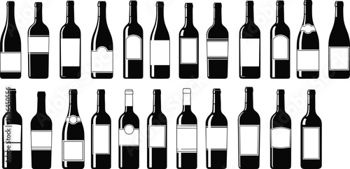 Wine bottle silhouette collection featuring various label shapes and styles, alcohol beverage container illustration for bar menu, packaging, winery and drink concepts