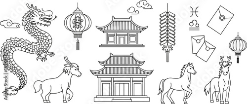 Chinese zodiac symbols and traditional architecture illustrations