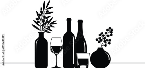 Wine bottles and glasses silhouette still life, olive branches in vases, minimalist home decor, black and white vector illustration