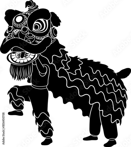 Black and white illustration of lion dance costume with decorative head and body