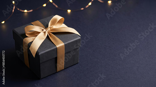 Luxury Black Gift Box with Gold Ribbon and Festive String Lights on Dark Background with Copy Space