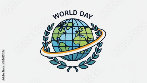 World day globe with laurel wreath and ring on white background