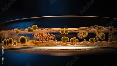 Time lapse composite of bacteria and mold colonies growing in a petri dish culture. Scientific microbiology experiment showing microorganism development for research