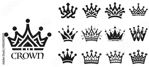 Crown icon set. Royal crown symbol collection.