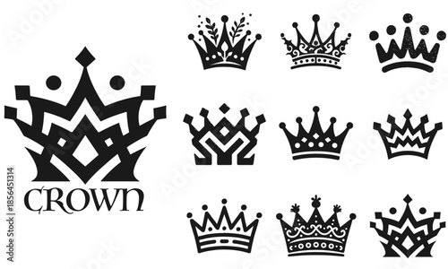 Crown icon set. Royal crown symbol collection.