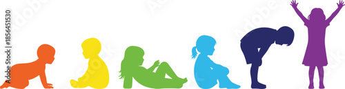 Child growth silhouette vector illustration, colorful development stages design, infant to toddler motion art, cad drawing flat vector