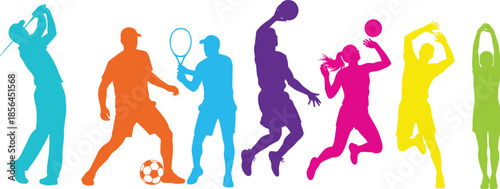 Colorful sports activity silhouette vector, diverse athlete poses, vibrant motion design, fitness concept art, cad drawing flat vector illustration