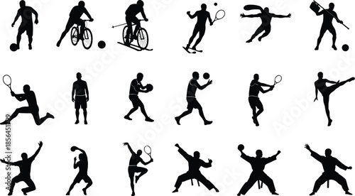 Sports silhouette vector illustration, diverse athletic poses, dynamic motion design, physical activity art, cad drawing flat vector illustration