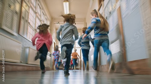 Children are running down a school hallway in a lively video scene of youthful energy