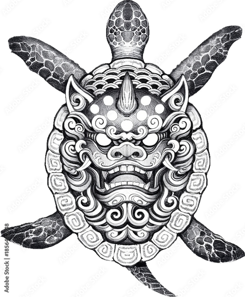Naklejka premium Intricate sea turtle illustration with a mystical Japanese oni mask on its shell.
