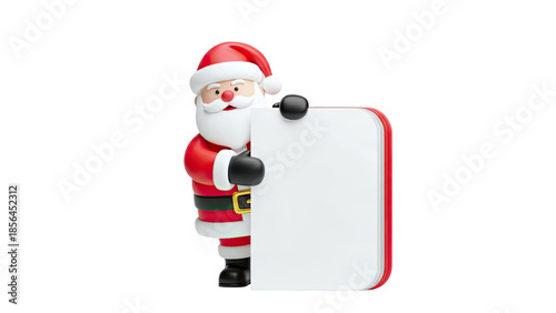 3D Santa Claus holding a blank sign on transparent background