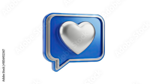 3D Silver Heart in Blue Speech Bubble Icon on transparent background