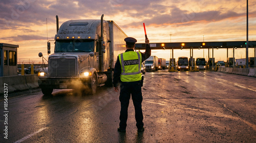 Customs officer stopping cargo truck at busy border checkpoint