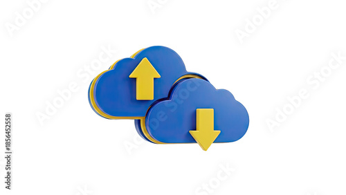 Cloud upload and download icons with blue clouds and yellow arrows on transparent background