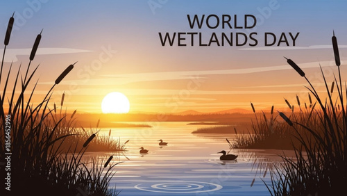 World wetlands day, serene wetland landscape at sunset with ducks and cattails, calm water reflection