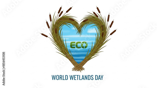 Eco friendly heart shaped cattails for world wetlands day with green eco symbol on blue water background