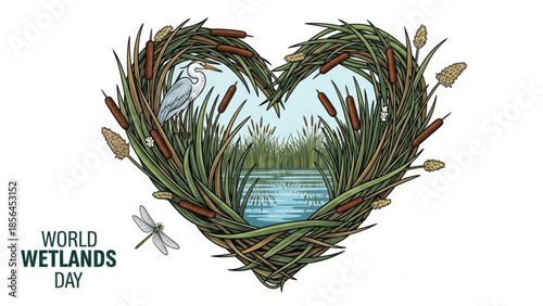 World wetlands day, heart shaped vegetation with water, bird, and dragonfly, symbolizing nature conservation and ecosystem protection