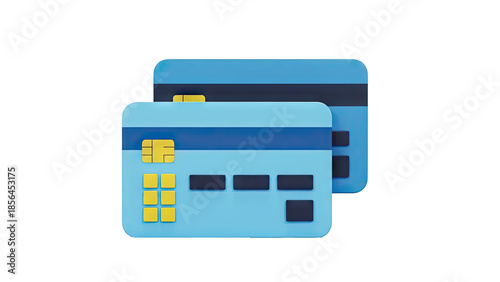 Two blue credit cards with chip and stripe on transparent background