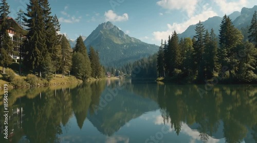 A serene lake reflects the majestic mountains and lush trees in a beautiful video landscape
