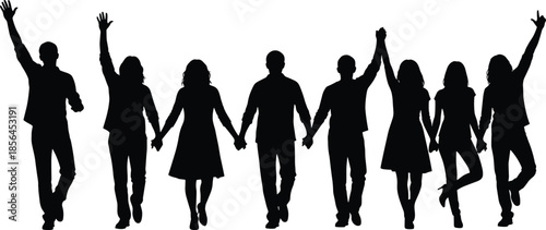 People holding hands silhouette group, teamwork celebration unity friendship success, black and white human vector illustration