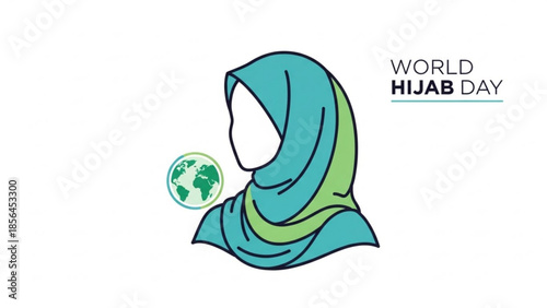 World hijab day illustration with globe and green blue hijab on white background