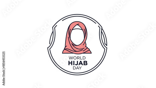World hijab day illustration with pink hijab and text on white background for cultural awareness and celebration