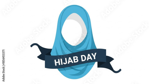 Hijab day celebration with blue hijab and ribbon on white background symbolizing cultural diversity and religious freedom