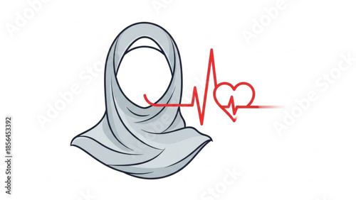 A gray hijab with a red heart rate line and heart symbol on a white background representing health and wellness