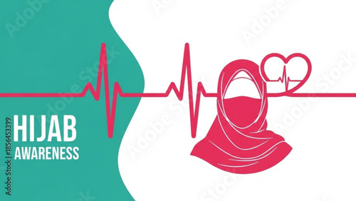 Hijab awareness symbol with heart rate line and pink hijab illustration on green and white background