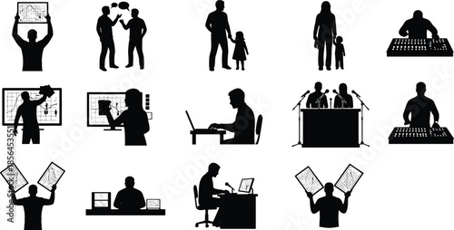 People working and family silhouettes icon set, technology, communication, presentation, parenting, sound engineer, office activities isolated on white background