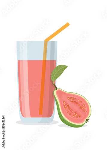 Guava juice in a glass, isolated on a white background. Cartoon flat illustration. Stock illustration.